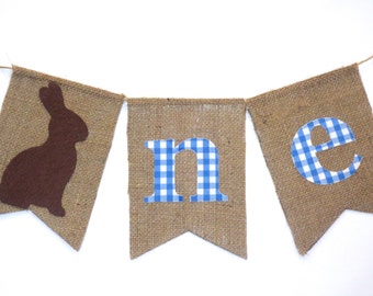 Peter Rabbit Birthday Banner Highchair High Chair Birthday Bunny Blue Gingham Easter Picnic ONE First Little Man Garland Cake Smash Prop