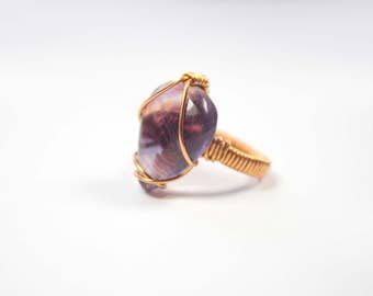 Purple Fluorite Ring size 6.5, Fluorite wrapped ring, Fluorite crystal wire ring,Wire wrapped Fluorite solitaire ring,Fluorite Stacking ring