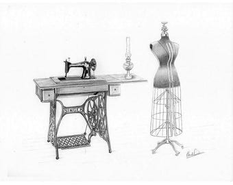 Pencil drawing of old Singer machine and seamstress mannequin