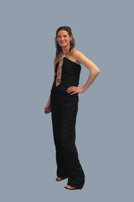ladies black satin trouser suit