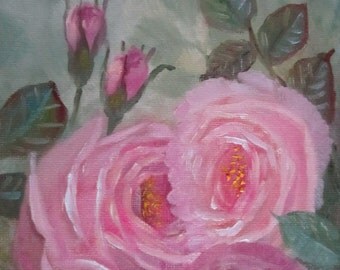 Pink Roses And Rosebuds, original oil painting, 5x7