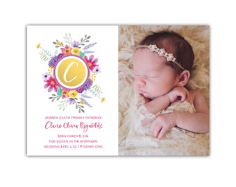 Baby Girl Birth Announcement // Birth Announcement Floral // Baby Announcement Girl // 5x7 Printable Photo Birth Announcement // The Claire