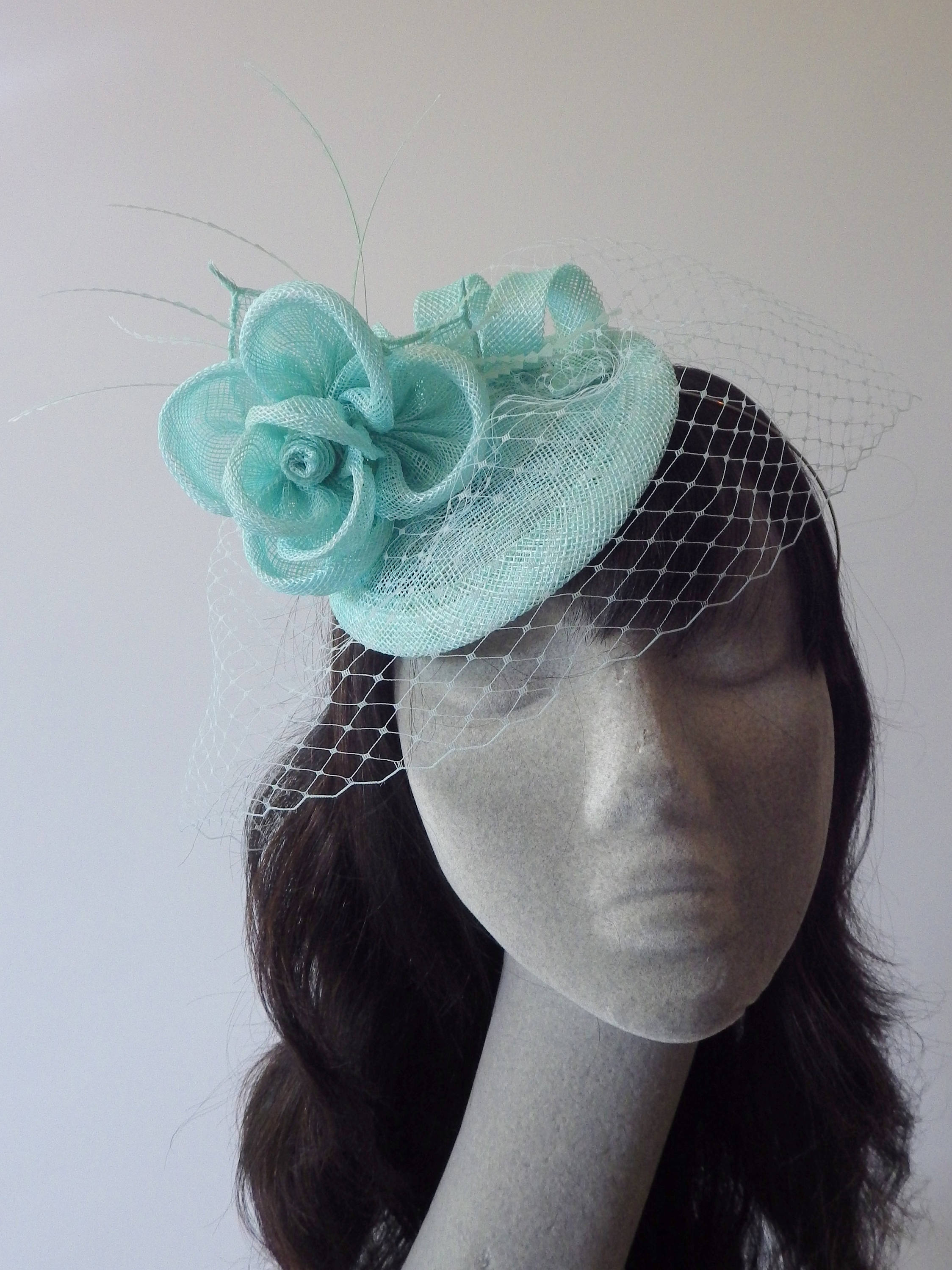 Mint Aqua Fascinator Veil Cocktail Hat. Sinamay Straw Head