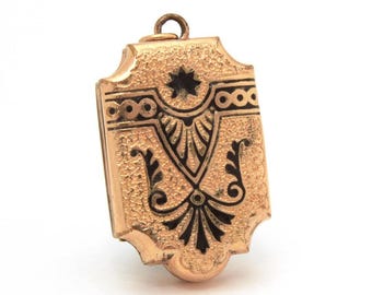 Victorian Mourning Locket, Antique Gold Filled Photo Locket Black Enamel Taille d’Epergne, Engraved Locket Necklace Pendant, Leaf Engraving