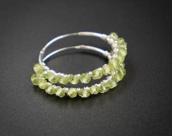 Natural Peridot earrings Peridot and sterling silver handmade bound hoop earrings Peridot hoop earrings boho hoop earrings peridot jewelry