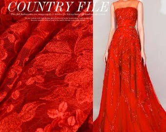 Red Mesh Fabric Lace Fabric, Embroidery Flower Fabric, Lace fabric with mesh fabric, Mesh Bridal Wedding Lace by 1/2m- 57"(145 cm)wide