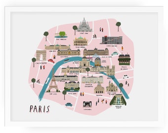 Paris map illustrated art print - map print map illustration city paris print paris art paris map print city print paris wall art