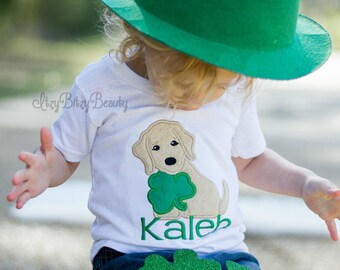 Boys St. Patricks Day Shirt Green Gold Dog Personalized Custom Name