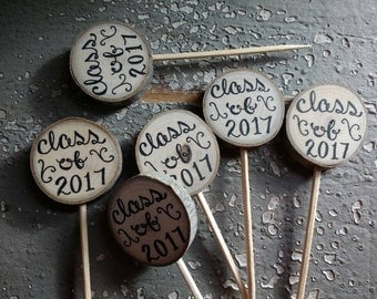 Class of 2017 Cupcake Toppers 1" Rustic Wood Tree Slice Party Picks / Rustic Graduation Decor / 2017 Graduate / Grad Party / Grad Open House