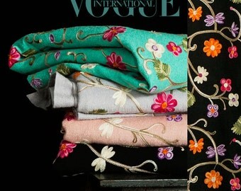 Embroidery wool blend fabric, floral wool, heavy wool, retro fabric, sew for top, coat, dress, jacket, pants, craft by the yard