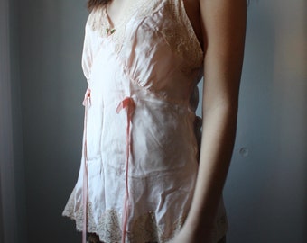 Vintage pink silk slip with lace trim / vintage 1950s lingerie