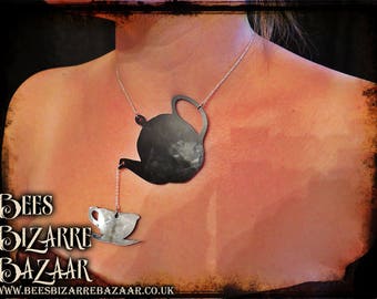 Tea Pot and Cup Necklace - Laser Acrylic - Steampunk