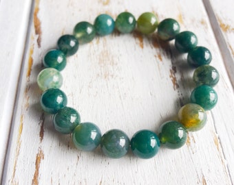 Moss Agate 8mm Bracelet, Choice of Charm, Beaded Bracelet Gemstone Bracelet Intention Jewelry Yoga Bracelet Mala Beads Jewelry Meditation