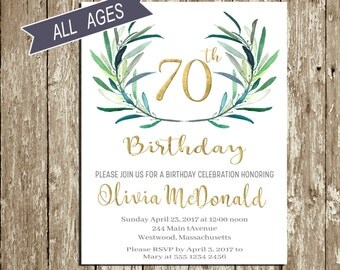 70th Birthday Invitation 80th Birthday invitations for woman Green and gold 90th Birthday Invitation for Men 60th Birthday Invitation Leaves