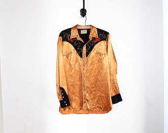 vtg orange satin cowboy shirt // fancy ranch wear // embroidered western satin snap up shirt // rodeo shirt