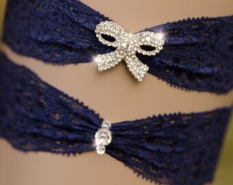 Lace Rhinestone Garter Set, Something Blue Bridal Garter, Bow Garter, Navy Blue Garter, Customizable Garter, Bling Garter- FINLEY GARTER SET