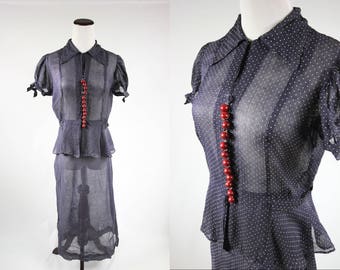 1940's Navy w/ White Polka-dots Blouse & Skirt Set
