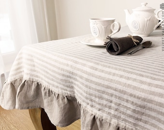 Natural striped linen tablecloth- Vintage style tablecloth with ruffles-Made by Velvet Valley light tablecloth