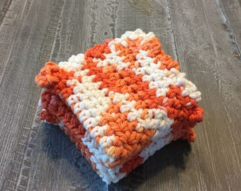 Orange and white crochet wash cloth set of two