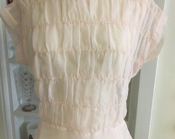 1950s Vintage Sheer Blush Pink Nylon Blouse w/Back Buttons