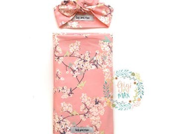Baby swaddle blanket, pink floral newborn swaddle blanket, stroller blanket, stretchy knit swaddle blanket for baby, floral newborn baby