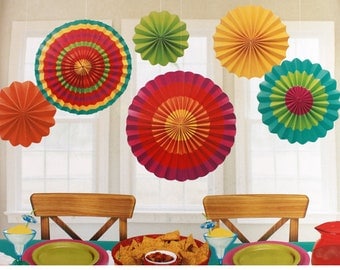 Set Of 6 Colorful Fiesta Hanging Fans In 3 Sizes! - Candy Buffet Backdrop Beautiful Fun - Party Decor - Cinco de Mayo!