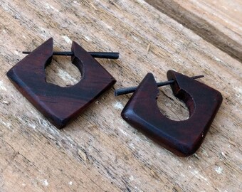 Small Diamond Shaped Dark Sono Wood Stick Earrings Fake Gauge Post Earrings Pair of Natural Brown Organic Illusion Wooden Hangers Dangle