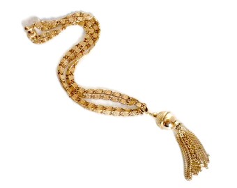 Long Gold Tassel Chain Necklace by Kramer - Tassel Necklace, Long Tassel Necklace, Gold Tone Chain Necklace, Kramer Necklace, Kramer Jewelry