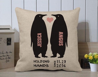 Personalized Penguins Cushion, Valentines Pillow Cover, Holding Hands Couples Pillow, Wedding Gift for Couple, Valentines Gift For Couple