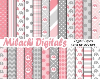 60% OFF SALE Elephant digital paper, elephant scrapbook papers, pink and gray wallpaper, baby shower background - M478