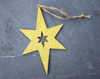 Wooden Decoration, Christmas Star, Gold Glitter Star, Hanging Ornament, Festive Decoration, Wooden Star, Glitter Star, Large Tree Ornament