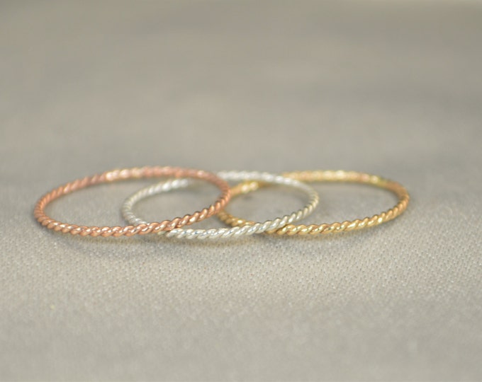 Set of Silver and Yellow and Rose Gold Filled Thin Stacking Ring Set, Spiral Rings, Silver Ring, Stacking Rings, Yellow Gold Rings, Ring Set