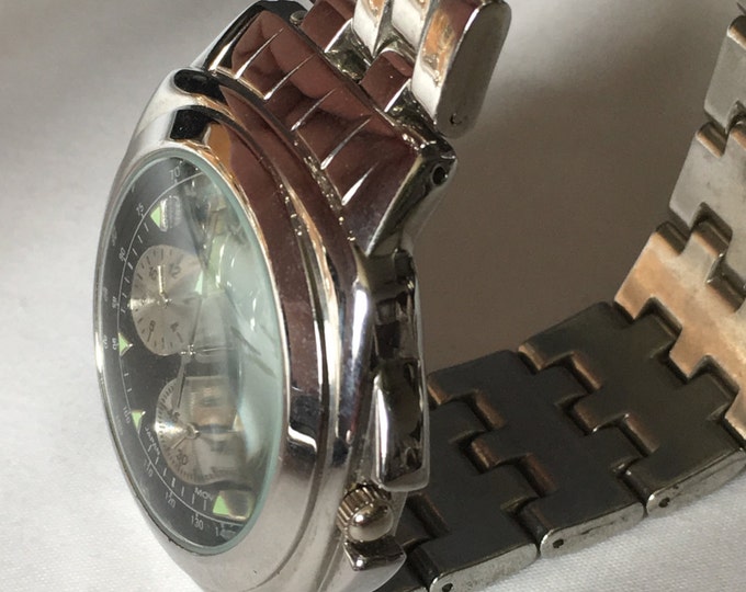 Storewide 25% Off SALE Vintage Clique Stainless Steel Chronograph Quartz Sportsman Watch Featuring Illuminescent Tachymeter Bezel