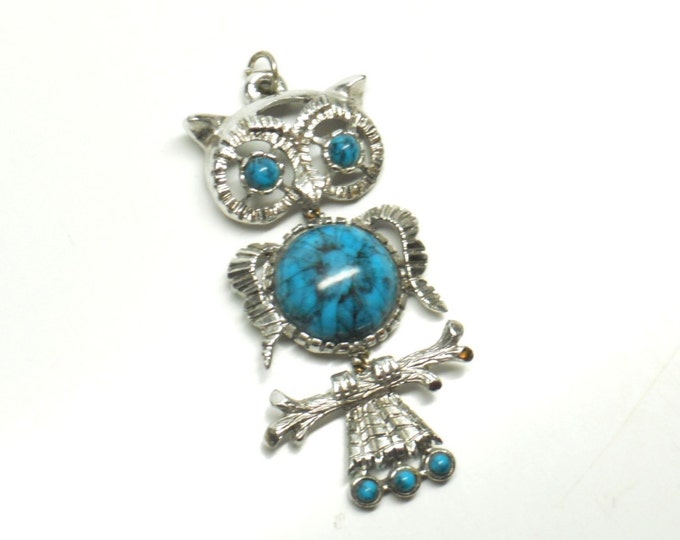 Storewide 25% Off SALE Vintage Silver Tone Articulated Southwestern Turquoise Style Eclectic Owl Pendant Featuring Detailed Trim Design