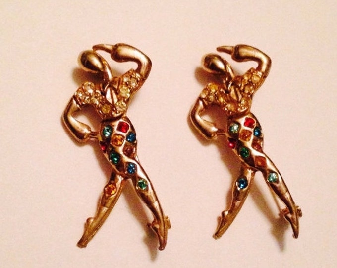 Storewide 25% Off SALE Vintage Gold Tone Rhinestone Encrusted Matching Ballet Dancer Brooches Featuring Colorful Stone Accents With Artistic