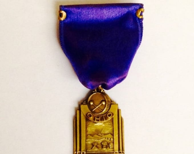 Storewide 25% Off SALE Vintage Bronze Tone Ohio's Music Educational Association Band Award Pin Featuring Purple Silk Style Banner