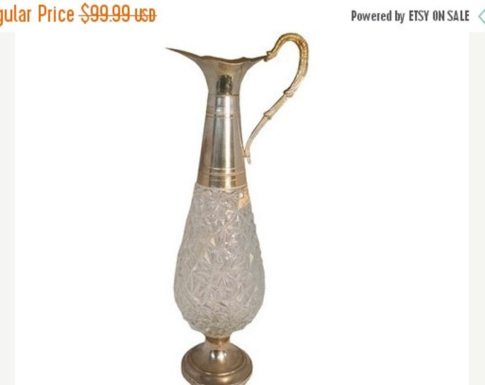 Storewide 25% Off SALE Beautiful Vintage Tall and Sleek Silver Plated Italian Crystal Decanter Featuring Beautiful Checkered Pattern & Ornat