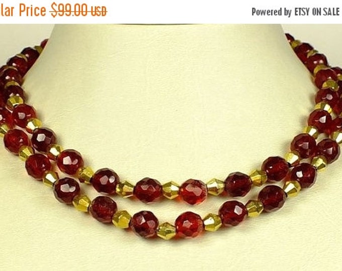 Storewide 25% Off SALE Beautiful Vintage Ruby Red Glass Beaded Marvella Designer Signed Necklace Featuring Gold Tone Accents & Hook Closure