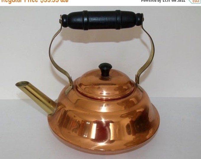 Storewide 25% Off SALE Vintage Copper Tone Tea Kettle Featuring Original Brass Handle & Stout With Natural Ebony Style Wooden Handle Grip