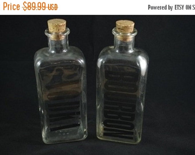 Storewide 25% Off SALE Matching Vintage Glass Rectangular Vodka & Bourbon Liquor Decantors With Custom Labeling And Original Cork Stoppers W