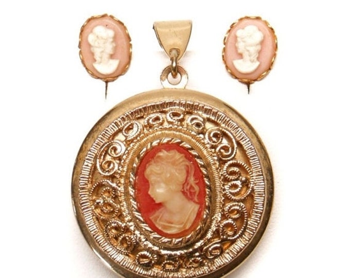 Storewide 25% Off SALE Vintage Gold Tone Victorian Scrolled Cameo Locket Pendant With Matching Art Deco Style Cameo Earrings