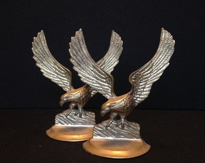 Storewide 25% Off SALE Matching Pair Vintage Heavy Cast Brass Perched Eagle Bookends Featuring Flighted Wings With Highly Detailed Design F