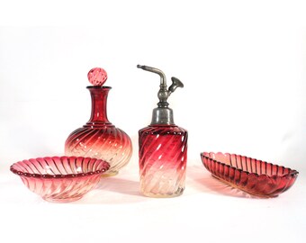 French Crystal Swirl Baccarat Set, Bambou Tors, Pink Boudoir Bottles, Carafe, Pin and Brush Trinket Dish Soap Dish, Perfume Spray