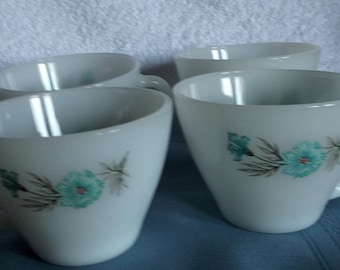 Vintage 4 Cups Fire King Milk Glass Bonnie Blue Flowers Oven Ware 13 Made in USA 1950s