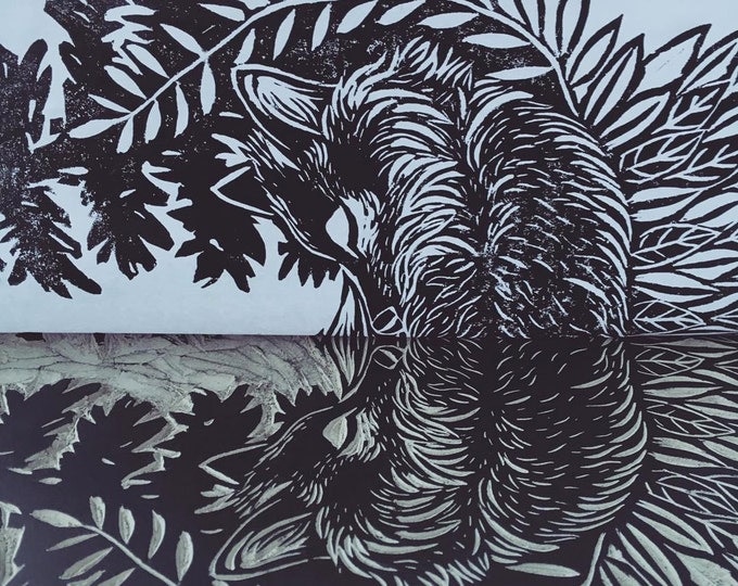 Wolf Cub Sleeping - Original Linocut Print A4 Illustration Wolves Trees Nature
