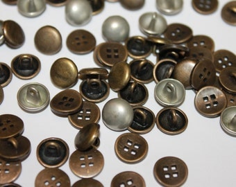 Assorted metal buttons, 10 mm metal buttons, old metal colors, shank, 4 hole tiny metal buttons, lot of 25, vintage look metal buttons