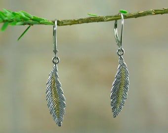 Feather earring, Silver and gold feather earring, silver and gold leaf earring, women jewelry, handmade, feather jewelry, elegant