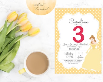 beauty and the beast invitations, belle invitation, princess belle invitation, birthday invitation, princess birthday printable