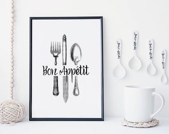 Bon Appetit print, kitchen wall art, printable art, fork and spoon wall art, gallery wall print kitchen art, kitchen quote, dining room