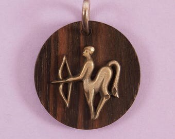 Sagittarius Astrological Pendant - Silver and Wood Necklace Pendant - Star Sign - French Vintage - Zodiac Sign